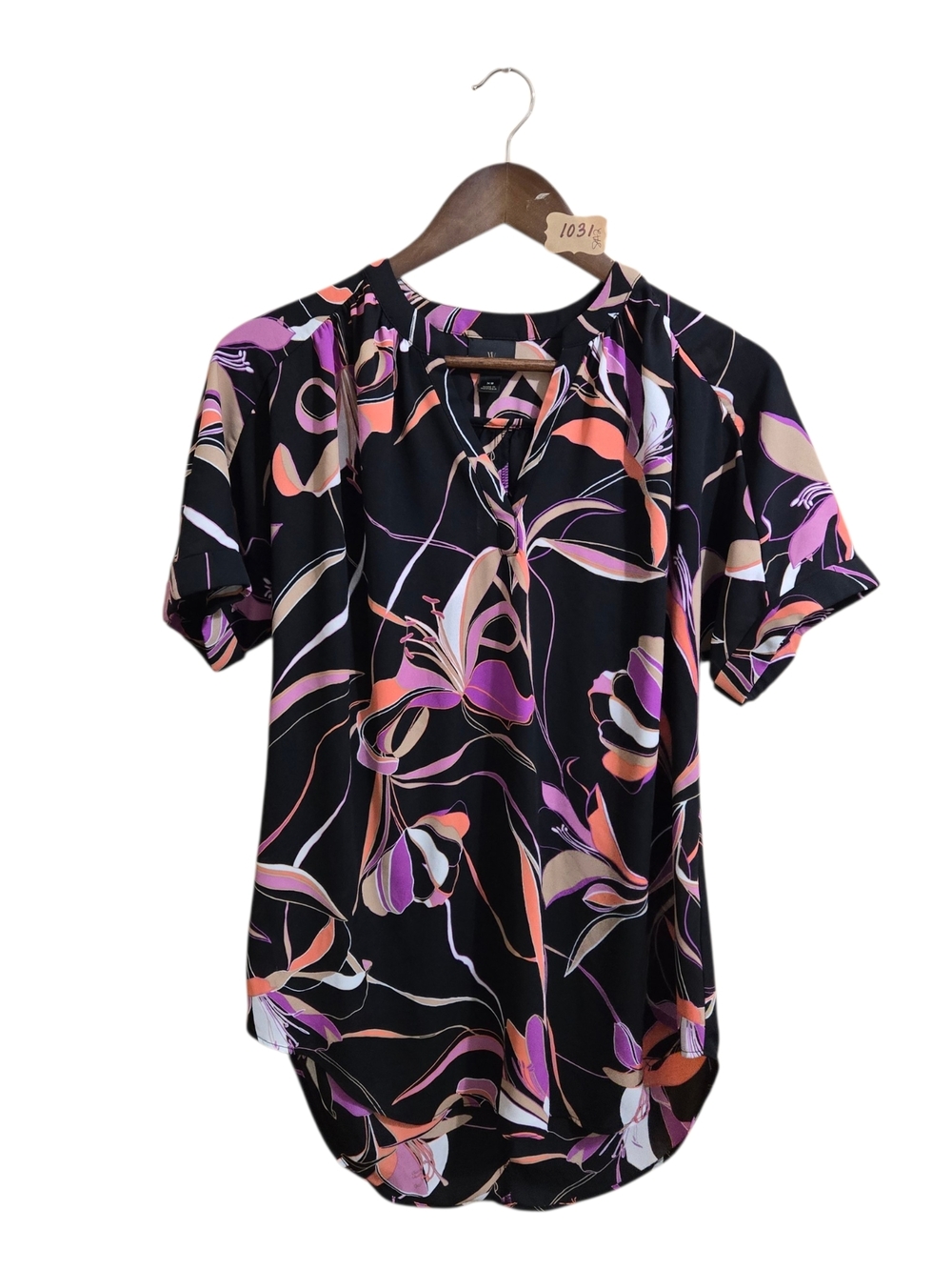 Worthington Black Short-Sleeve Floral-Print Blouse